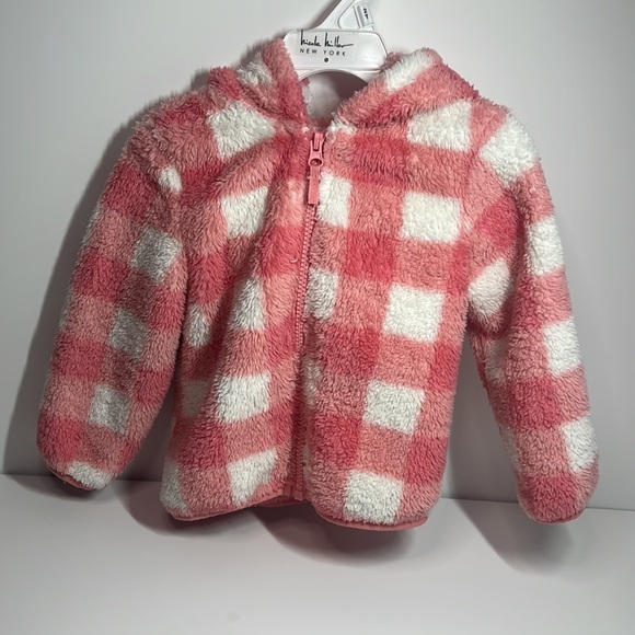 Little Me pink and white checker cozy Fleece zip up jacket - Picture 3 of 3